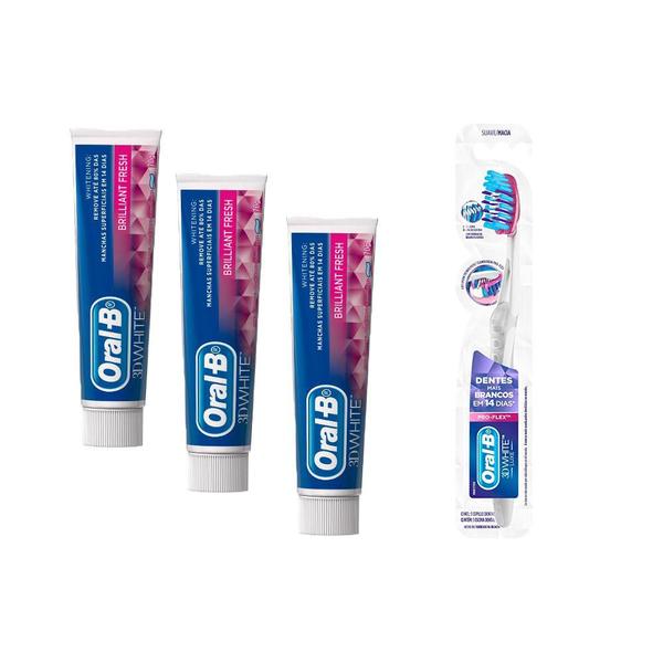 Kit Oral-B 3D White Escova Dental Proflex + Cremes Dentais Brilliant Fresh 70g - 3 Unidades - Oral B