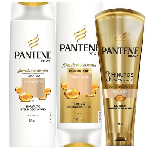 Kit Pantene Hidratação: 1 Shampoo 175ml + 1 Condicionador 175ml + 1 3 Minutos Milagrosos 170ml