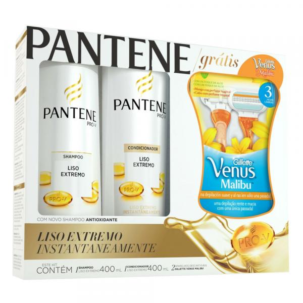 Kit Pantene Liso Extremo Shampoo + Condicionador 400ml Grátis Aparelho Gillette Venus Malibu 2 Unidades