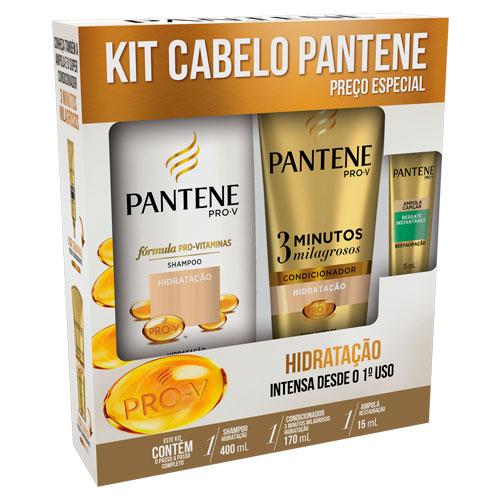 Kit Pantene Shampoo Hidratação 400ml + Condicionador 3 Minutos Milagrosos 170ml + Ampola 15ml