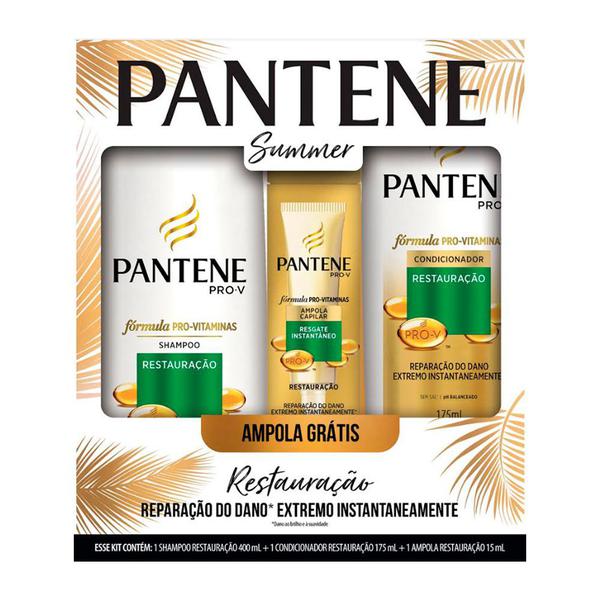 Kit Pantene Summer Shampoo Restauração 400ml + Condicionador Pantene Restauração 170ml + Ampola Sortida 15ml