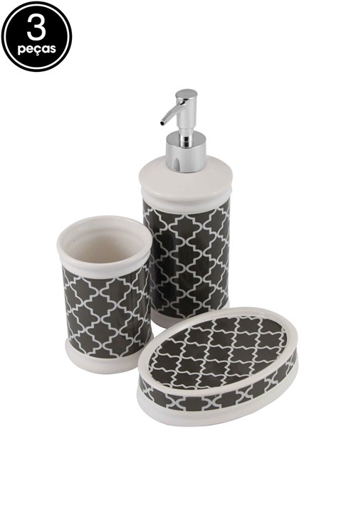 Kit para Banheiro Hauskraft Cerâmica Estampado 3 Pçs Preto/Branco