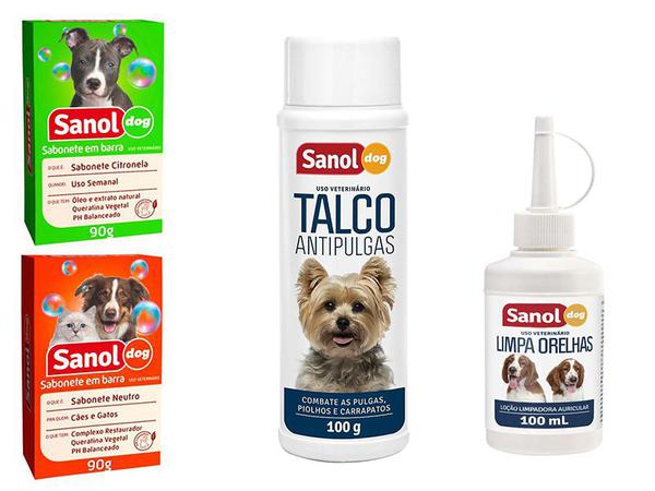 Kit para Banho em Cães: 1 Sabonete Citronela + 1 Sabonete Neutro + 1 Talco Antipulgas + 1 Limpa Orelhas Sanol