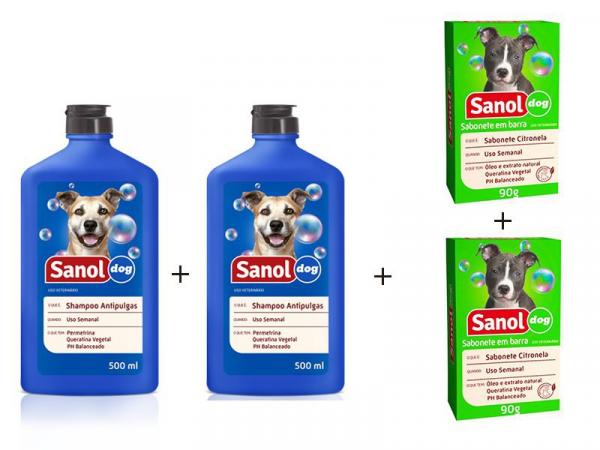 Kit para Banho em Cães Anti Pulgas: 2 Un Sabonete em Barra Citronela + 2 Un Shampoo Anti Pulgas Sanol