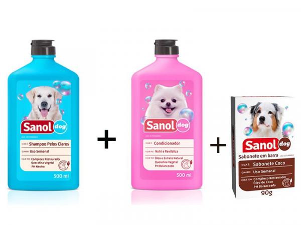 Kit para banho em Cães: Sabonete em Barra Coco + Shampoo Pelos Claros + Condicionador Revitalizante Sanol