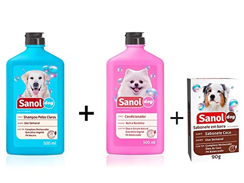 Kit para Banho em Cães: Sabonete em Barra Coco + Shampoo Pelos Claros + Condicionador Revitalizante Sanol