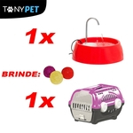 Kit Para Cães e Gatos Caixa de Transporte Rosa + Fonte D'Agua Bivolt Vermelha