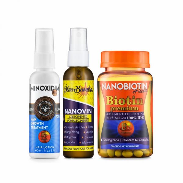 Kit para Queda de Cabelo - Minoxidil For Man 60ML + Óleo Bomba 60ML + Biotina 60 Cápsulas - Nanovin a