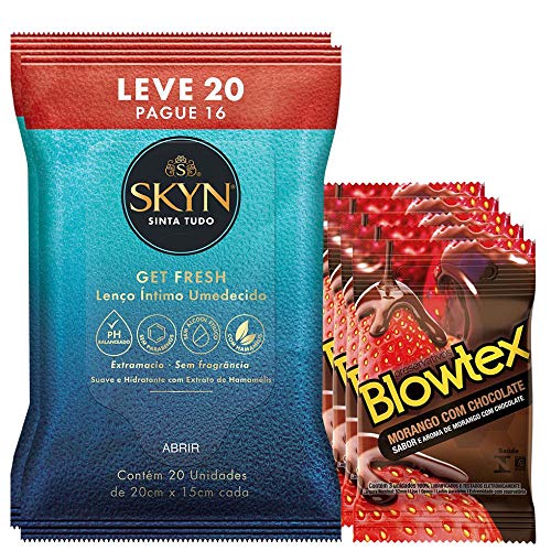 Kit Preservativo Blowtex Morango e Chocolate C/ 15 Un + Lenços Umedecidos Skyn 40 Un.