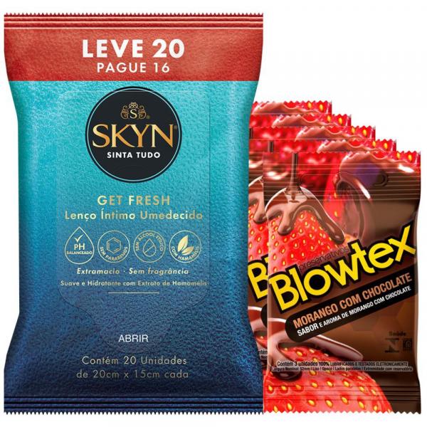 Kit Preservativo Blowtex Morango e Chocolate C/ 15 Uni. + Lenços Umedecidos Skyn Leve 20 Pague 16