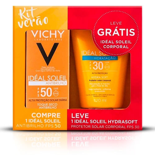 Kit Protetor Solar Facial Vichy Ideal Soleil Antibrilho FPS50 40g + Protetor Solar Corporal Hydra Soft FPS30 120ml