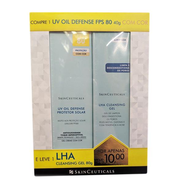 Kit Protetor Solar SkinCeuticals UV Oil Defense FPS 80 com Cor 40g + R10 Leve LHA Cleasing 80g