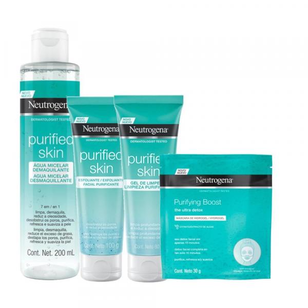 Kit Purified Skin: Gel de Limpeza 80g + Esfoliante Facial 100g + Água Micelar 7 em 1 200ml + Máscara de Hidrogel Neutrogena Purifying Boost 30ml