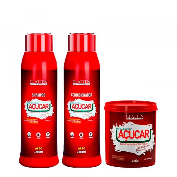 Kit Reconstrução de Açúcar Glatten Professional Shampoo 500ml, Condicionador 500ml e Máscara 240g