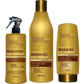 Kit Reconstrução de Brilho Banho de Verniz - Shampoo 500ml + Queratina 300g + Leave In 150g Forever Liss