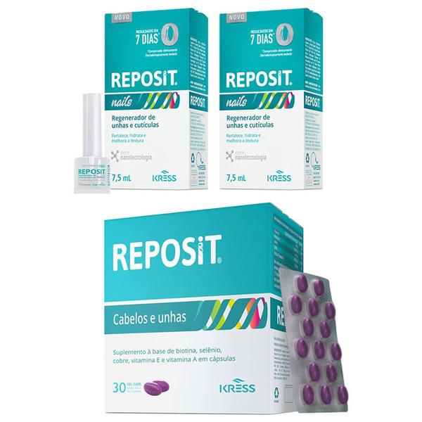 Kit Reposit 30caps + 2x Reposit Nails 7,5ml Kress para Tratamento das Unhas e dos Cabelos