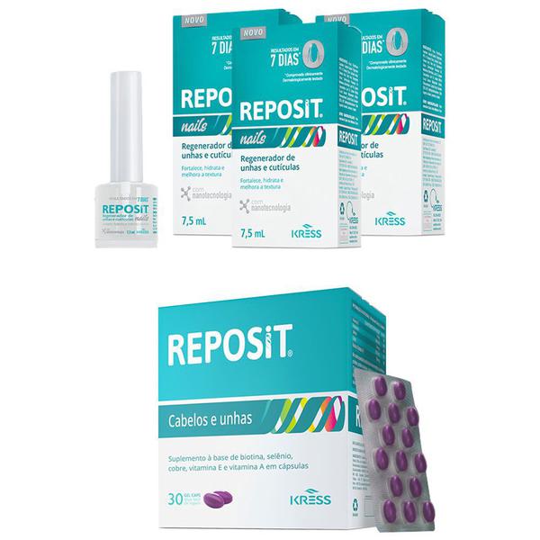 Kit Reposit 30caps + 3x Reposit Nails 7,5ml Kress para Tratamento das Unhas e dos Cabelos