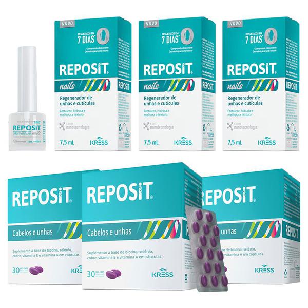 Kit Reposit 90caps + 3x Reposit Nails 7,5ml Kress para Tratamento das Unhas e dos Cabelos