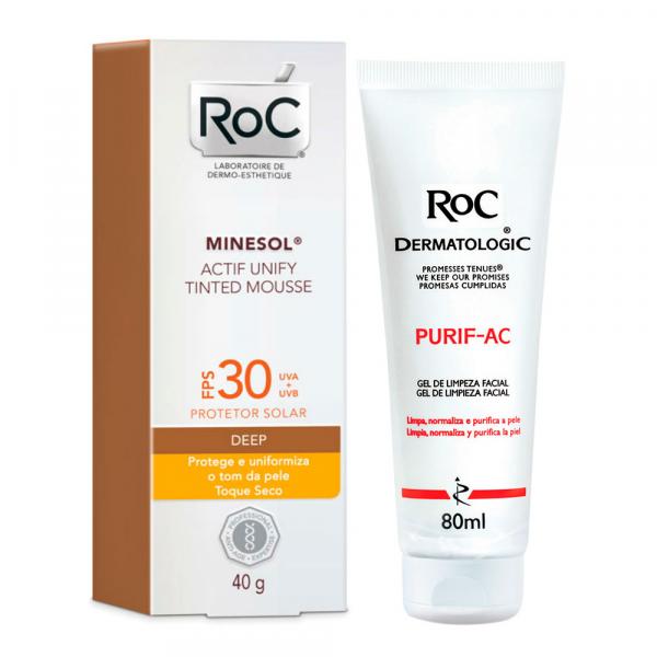 Kit Roc Minesol Actif Mousse Deep FPS30 40g + Roc Dermatologic Purif-Ac 80g