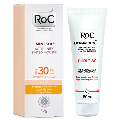 Kit Roc Minesol Actif Mousse Light FPS30 40g + Roc Dermatologic Purif-Ac 80g