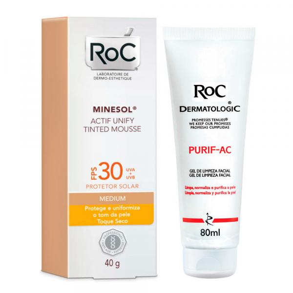 Kit Roc Minesol Actif Mousse Medium Fps30 40g + Roc Dermatologic Purif-ac 80g