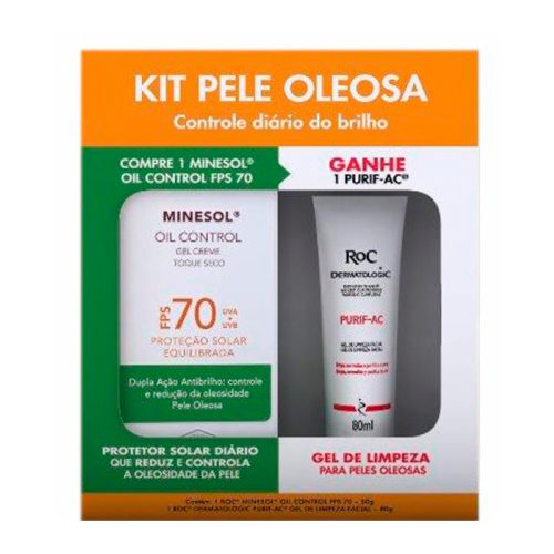 Kit Roc Minesol Protetor Solar Facial Toque Seco FPS 70 50g + Gel de Limpeza PURIF-AC 80ml
