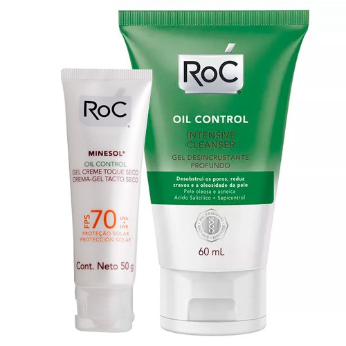 Kit Roc Oil Control Minesol FPS 70 50g Ganhe Gel de Limpeza Facial Intensive Cleanser 60ml