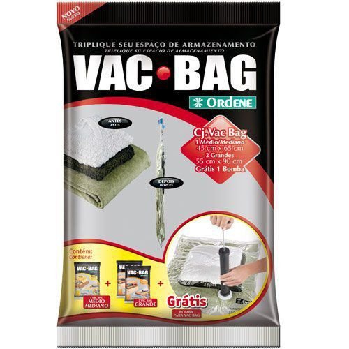 Kit Saco a Vacuo com 1 Médio + 2 Grande + Bomba - Vac Bag - Ordene