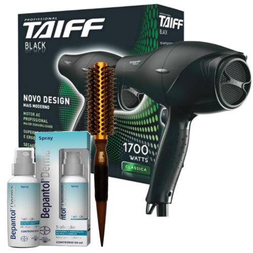 Kit Secador Taiff Black 1700w 110v + Escova Térmica de Cabelo Marco Boni + Bepantol Derma Spray