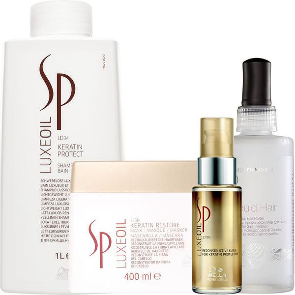 Kit Shampoo 1000ml, Másc 400ml e Óleo 30ml SP Luxe Oil + Tratamento Liquid Hair 100ml Wella