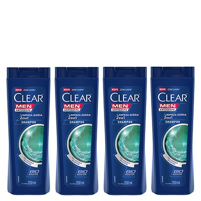 Kit Shampoo Anticaspa Clear Men Limpeza Diária 2 em 1 200ml 4 Unidades