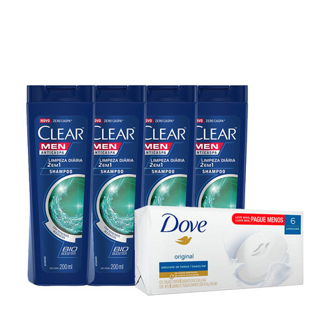 Kit Shampoo Anticaspa 2 em 1 Clear Men Limpeza Diária + Sabonetes em Barra Dove Original 6X90g