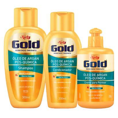 Kit Shampoo + Condicionador + Creme de Pentear Óleo de Argan Pós Química Niely Gold