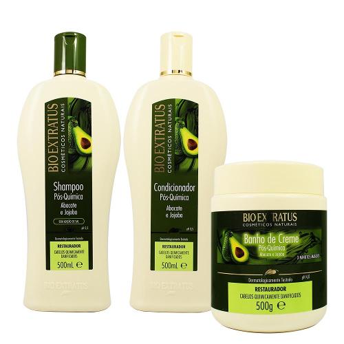 Kit Shampoo Condicionador e Banho de Creme Pós Química Abacate e Jojoba 500g - Bio Extratus