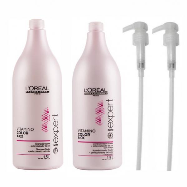 Kit Shampoo Condicionador L'Oréal Vitamino Color A-OX (1,5L) e Válvulas Pump - Loreal