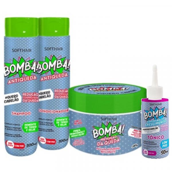 Kit Shampoo Condicionador Máscara E Tônico Linha Bomba Antiqueda E Explosão De Crescimento Softhair
