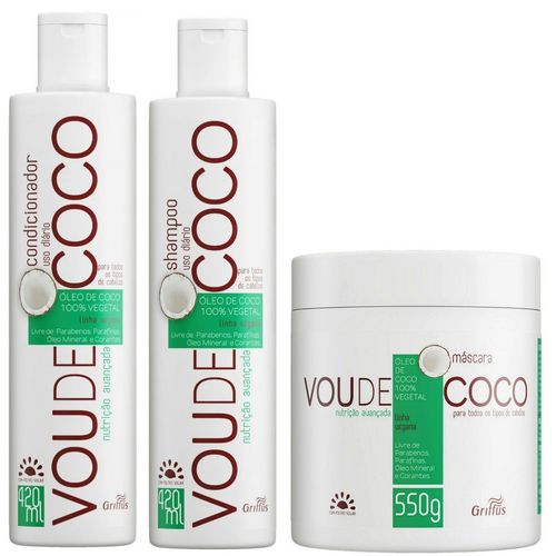 Kit Shampoo + Condicionador + Máscara Linha Vegana Vou de Coco Griffus
