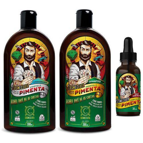 Kit Shampoo + Condicionador + Óleo Vegano Masculino para Barba Cabelo Bigode Cosmeceuta Hortelã e Pimenta