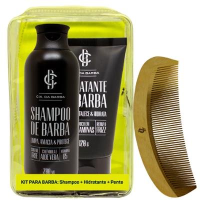 Kit Shampoo de Barba 200ml + Hidratante de Barba 120g + Pente de Madeira para Cabelo e Barba