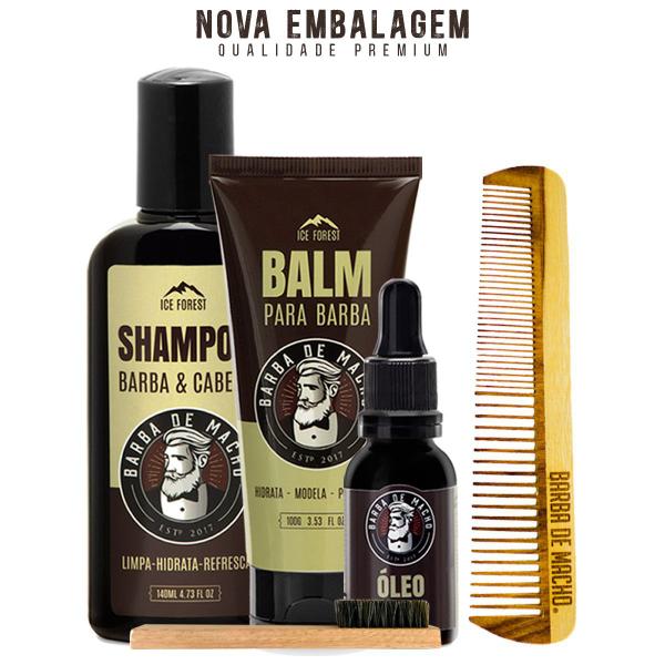 Kit Shampoo para Barba Oleo Balm Pente e Escova Barbearia - Barba de Macho