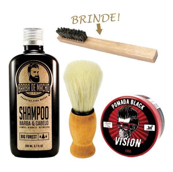 Kit Shampoo + Pincel de Barbear + Pomada Efeito Black - Barba de Macho