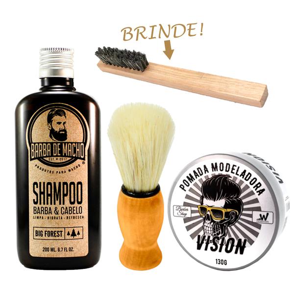Kit Shampoo + Pincel de Barbear + Pomada Modeladora - Barba de Macho