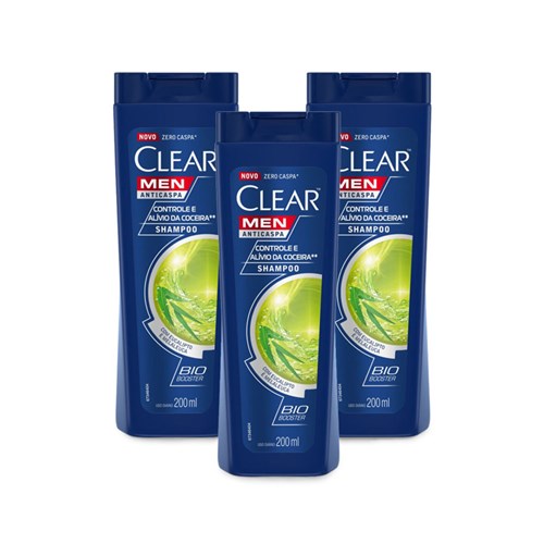 Kit 3 Shampoos Anticaspa Clear Men Controle e Alivio da Coceira 200Ml - Leve 03 Pague 02