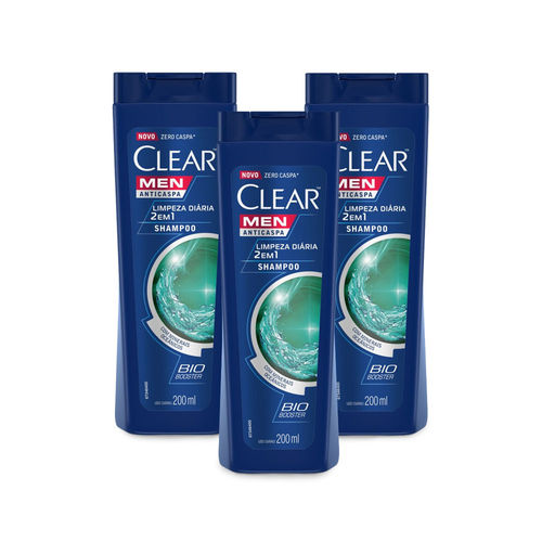 Kit 3 Shampoos Anticaspa Clear Men 2 em 1 Limpeza Diária 200ml - Leve 03 Pague 02