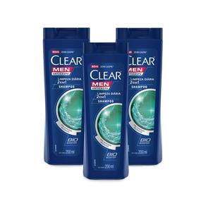 Kit 3 Shampoos Anticaspa Clear Men 2 em 1 Limpeza Diária 200ml