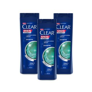 Kit 3 Shampoos Anticaspa Clear Men 2 em 1 Limpeza Diária 400ml - Leve 03 Pague 02
