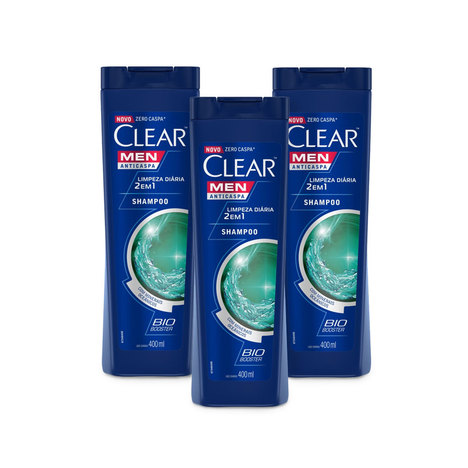 Kit 3 Shampoos Anticaspa Clear Men 2 em 1 Limpeza Diária 400Ml - Leve 03 Pague 02