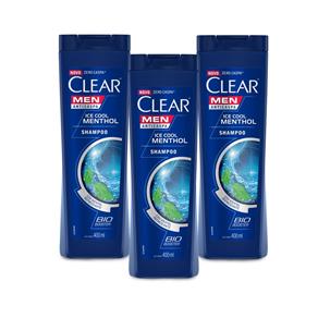 Kit 3 Shampoos Anticaspa Clear Men Ice Cool Mentol 400ml