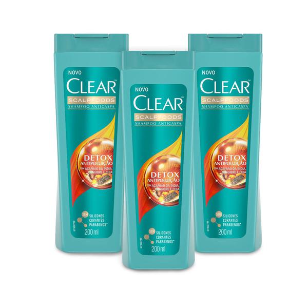 Kit 3 Shampoos Anticaspa Clear Women Detox Antipoluicao 200ml - Leve 03 Pague 02