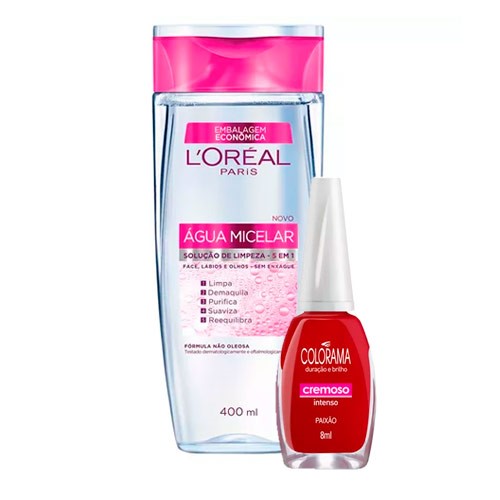 Kit Solução de Limpeza Facial L'Oréal 400ml Ganhe Esmalte Colorama Paixão - 8ml
